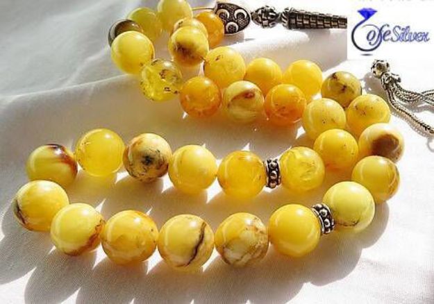 تسبیح نقره کهربا بولونی لهستان 33 دانه گرد